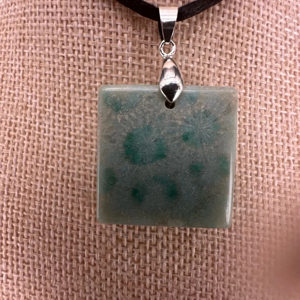 Light Green Coral Fossil Pendant Necklace on Black Satin Rope - Picture 4 of 15